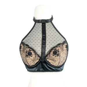 Victoria's Secret Very Sexy High Neck Bra Small Black Lace Bow VS mesh crystals